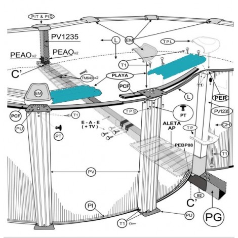 Pack 14 playas 15x91 cm piscina GRE en ocho 500x340x120 cm